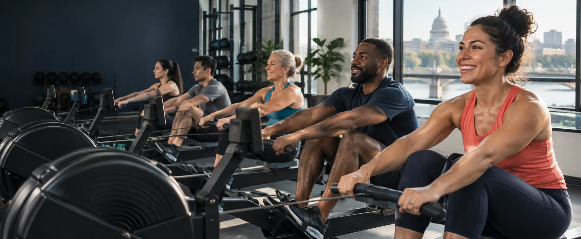 Depiction of adults rowing together on indoor rowing machines